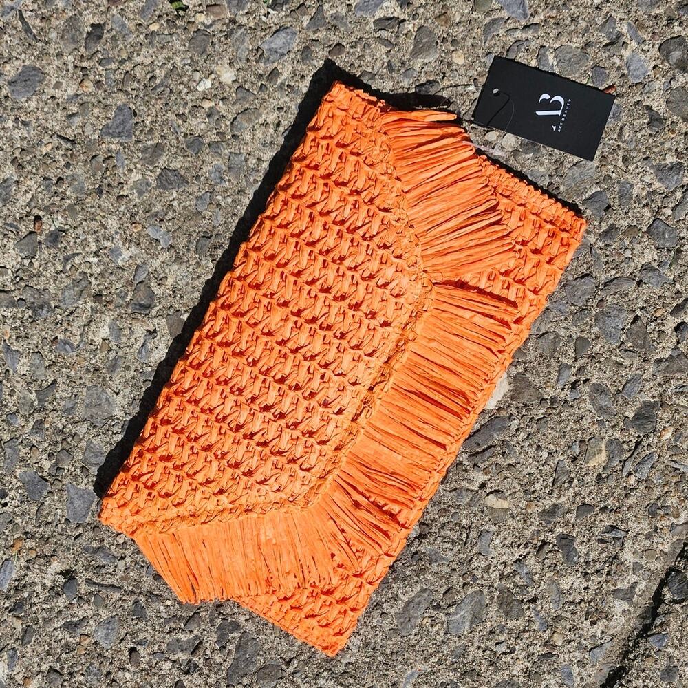 ACT Beauty Orange Woven Raffia Fringe Envelope Clutch NWT